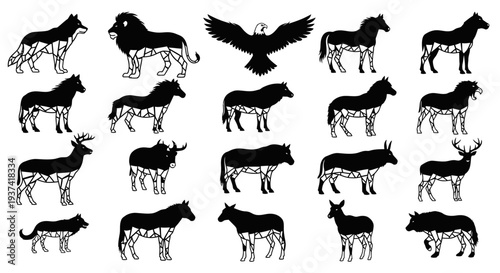 Collection of black silhouette animal illustrations with geometric patterns, featuring various wildlife like wolves, lions, eagles, horses, zebras, deer, and bison.
