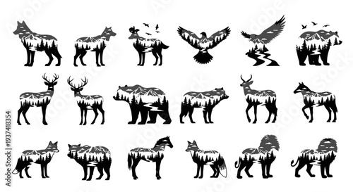 Collection of black and white silhouettes of various wild animals, each filled with detailed forest and mountain landscapes, representing nature and wildlife.