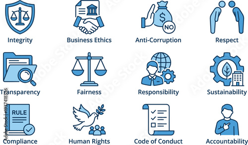 Business ethics and corporate compliance icons set including integrity, transparency, anti corruption, responsibility, sustainability, human rights and accountability