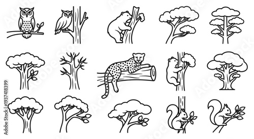 A collection of black and white line art illustrations featuring various animals like owls, bears, cheetahs, koalas, and squirrels, alongside different tree designs.