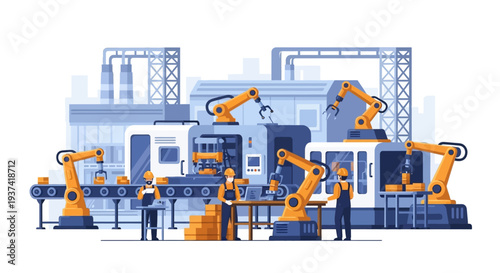 Industrial robots and workers collaborate in a modern factory with machinery and equipment in a production line setting with a blue and orange color scheme