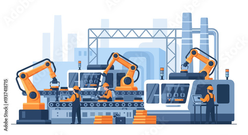An industrial isometric illustration of robotic machinery and equipment in a factory setting with a technological and engineering focus