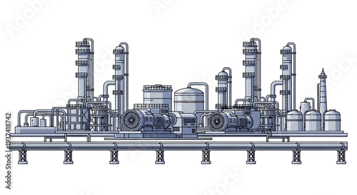 Isometric illustration of an industrial factory with machinery, equipment, and piping on a raised platform against a clean white background