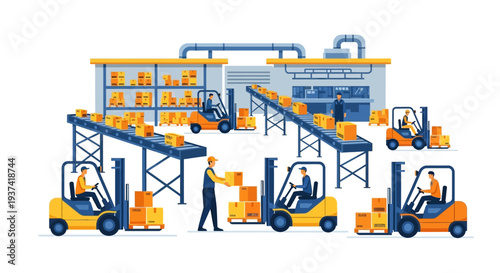 Workers operate forklifts and manage industrial conveyor belts with boxes in a factory setting with industrial equipment and machinery