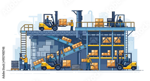 An isometric illustration of industrial forklifts loading and unloading cargo in a large warehouse with a construction site and urban equipment