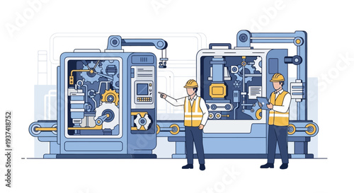 Two workers in safety gear standing beside a large industrial machine with a cutaway view showing internal mechanisms