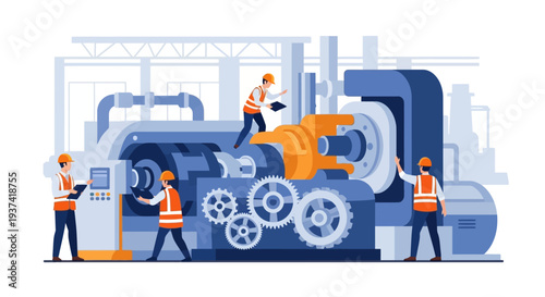 Workers in orange vests operate and inspect a large industrial machine with exposed gears in a factory setting with a construction and engineering focus