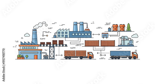 An industrial isometric illustration depicting a factory with machinery, production, and transportation of cargo trucks and ships in a harbor with urban buildings and smokestacks emitting