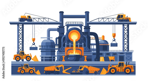 An industrial factory scene with construction equipment and machinery in a blue and orange isometric illustration featuring a large furnace and industrial vehicles on a white background