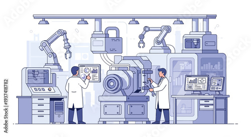 Two technicians in lab coats working with industrial machinery and robotic arms in a modern factory setting with various equipment and controls
