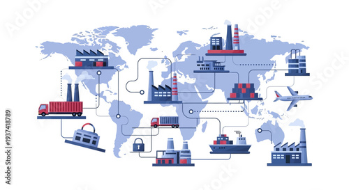 Global transportation network map with cargo ships, trucks, trains, and airplanes on a white and blue world map background with red accents, illustrating international logistics and supply