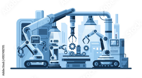 Isometric illustration of industrial machinery and robotic arms in a factory setting with a blue color scheme and various equipment
