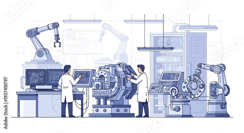 Two engineers in lab coats work with industrial robotic machinery and computer equipment in a factory with a blue-toned isometric design