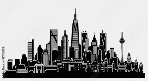 Vector illustration of a modern city skyline silhouette. Urban landscape with tall buildings, skyscrapers, and contemporary architecture.