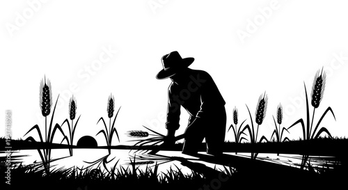 Silhouette of a farmer harvesting wheat in a field at sunrise or sunset, symbolizing agriculture, hard work, and rural life.