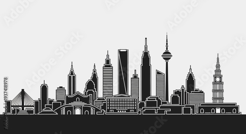 Modern generic city skyline silhouette vector illustration. Urban landscape with various architectural buildings, black and white minimal design.
