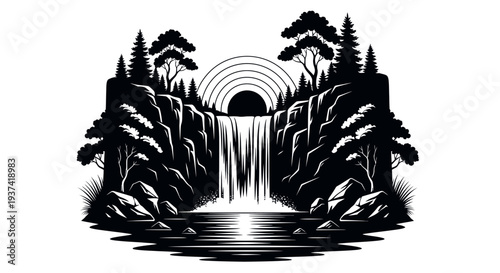 Stylized vector illustration of a majestic waterfall cascading through a forest landscape, black and white nature scene with trees and sun reflection.