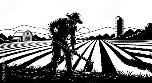 Vintage style monochrome illustration of a farmer tilling soil in an agricultural field with a hoe, rural farm landscape.