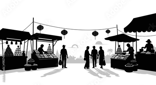Bustling Street Market Scene Silhouette Illustration with Shoppers, Vendors, Stalls, and Hanging Lanterns