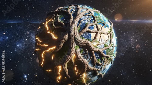 A cosmic Earth is embraced by ancient roots, with a crackling, fiery glow on one side against a starry backdrop