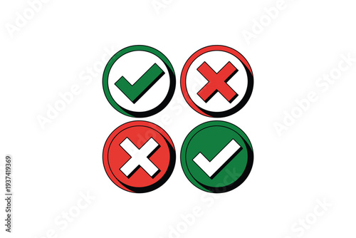 Green checkmark and red cross icons on white background, approval and rejection symbols