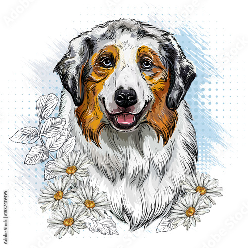 Australian shepherd dog in flowers hand drawn vector