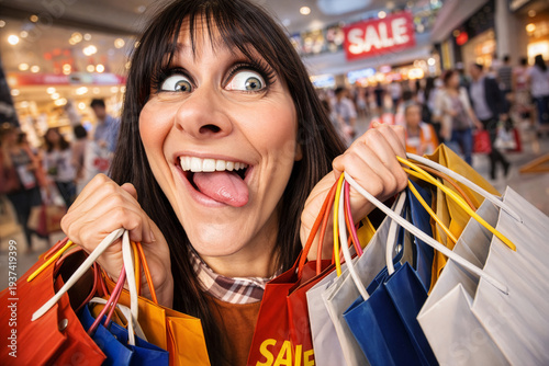 Glückliche Kundin mit Einkaufstaschen im Einkaufszentrum – Black Friday oder Sale Konzept