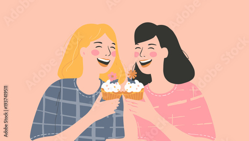 Two happy women sharing cupcakes and smiling together.