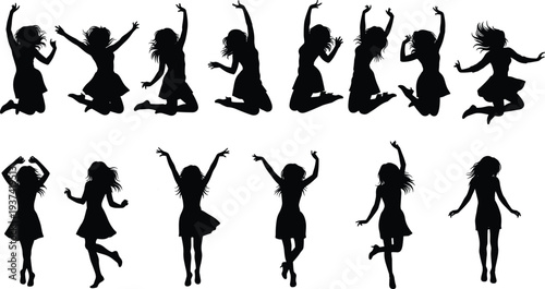 Collection of jumping girls silhouettes isolated on white background, happy female celebration and dancing poses illustration set