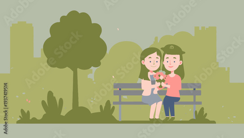 Two women sitting together on a park bench.