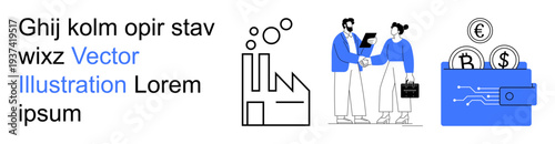 Business technology, financial growth, digital collaboration, industry solutions, investment strategies, corporate communication. People shaking hands, industry wallet with coins. Business