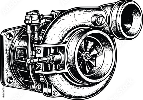 Vintage Turbocharger Engine Illustration – Hand Drawn Automotive Turbo Mechanical Vector