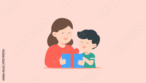 Mother and son reading together with smiles on their faces.
