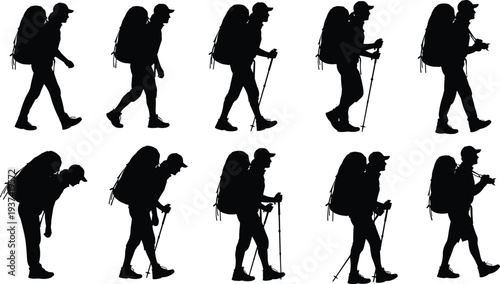 Hiker silhouettes with backpack and trekking poles walking isolated on white background, hiking adventure people collection illustration