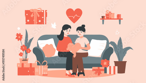 Couple Celebrating Valentine's Day on the Couch with Gifts.