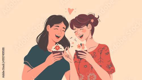 Two women sharing a romantic dessert together happily.