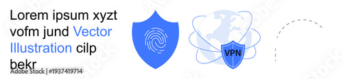 Cybersecurity, online privacy, data protection, secure networks, internet safety, digital authentication. Blue shield icons with fingerprint and VPN symbol. Cybersecurity and online privacy concept