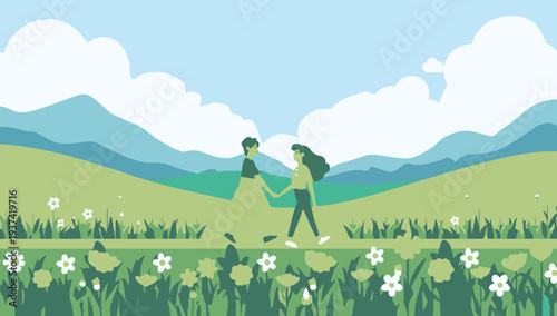 Couple holding hands in a serene meadow with flowers and mountains.