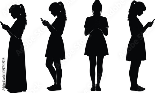 Young woman using smartphone silhouettes isolated on white background, female texting and mobile phone usage poses illustration set