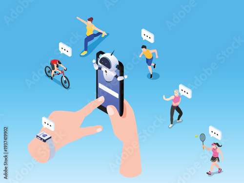 AI Fitness Assistant and Smart Technology for Healthy Lifestyle Tracking 3d isometric vector illustration