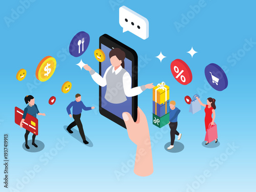 Mobile E-commerce App with Virtual Personal Shopper and Rewards Program 3d isometric vector illustration