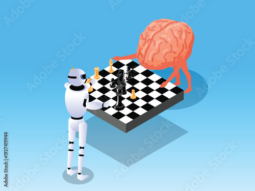 Artificial Intelligence vs Human Intelligence:of Robot Playing Chess Against a Human Brain Character 3d isometric vector illustration