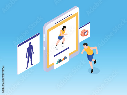 Isometric AI Sports Technology with Running Athletes, Human Brain Data, and Digital Analytics Interface 3d isometric vector illustration