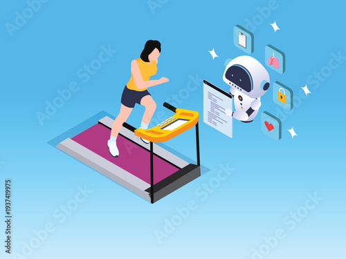 AI Personal Trainer Robot Monitoring Woman on Treadmill with Health Data and Biometric Icons 3d isometric vector illustration