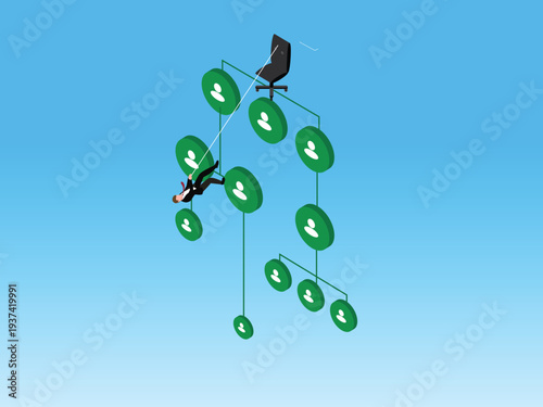 Corporate Career Ladder with Businessman Climbing Organizational Chart to Executive Office Chair 3d isometric vector illustration