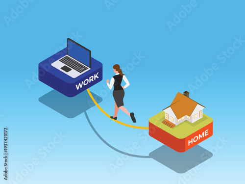 Woman Walking Tightrope Between Work and Home for Work-Life Balance 3d isometric vector illustration