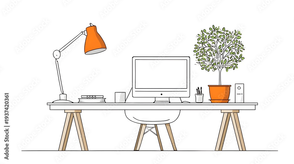 Fototapeta premium Minimalist Home Office Workspace with Computer and Plant Illustration.