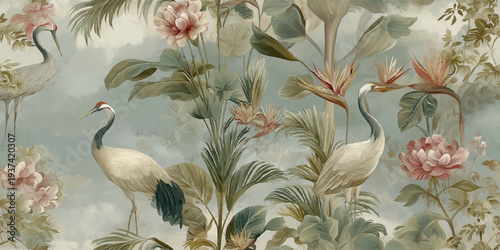 Elegant vintage chinoiserie pattern with graceful cranes pink peonies and tropical palm trees for luxury wall coverings textiles and sophisticated branding.