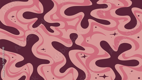 Abstract pink and purple wavy shapes with stars on a marbled background illustration