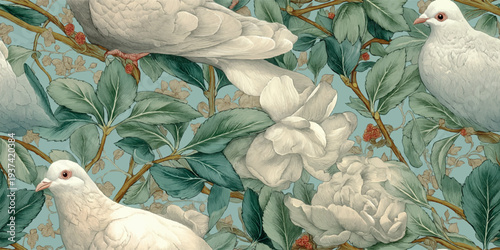 Vintage bird illustration with graceful doves and floral botanical elements for luxury textiles, wedding stationery, elegant home decor, wallpapers, and sophisticated branding design.